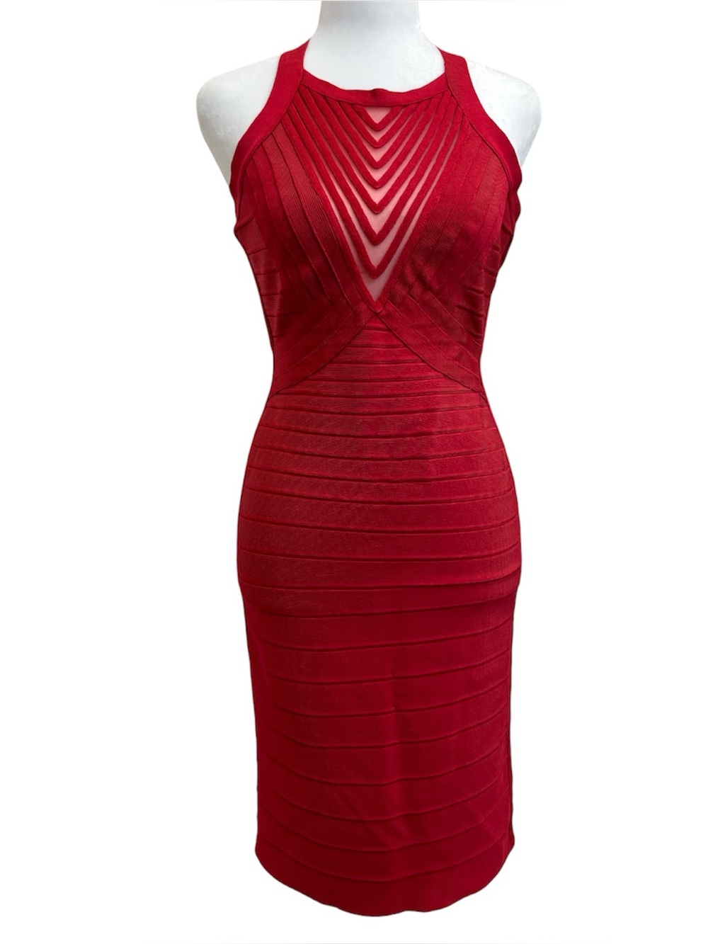 Herve Leger Max Azria Red Gwyn Halter Bandage Knee Length Dress